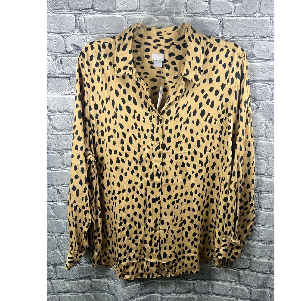 Chico's Sandwash Satin Shirt  4 (20) Tan Cheetah NWT Animal Print‎ Button Down